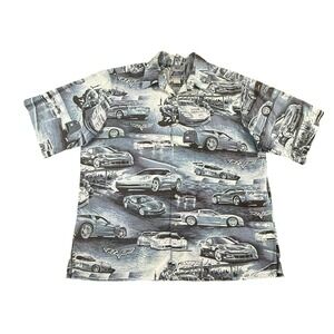 REYN SPOONER Hawaiian Shirt Mens Large Gray Corvette Racing Cotton Camp